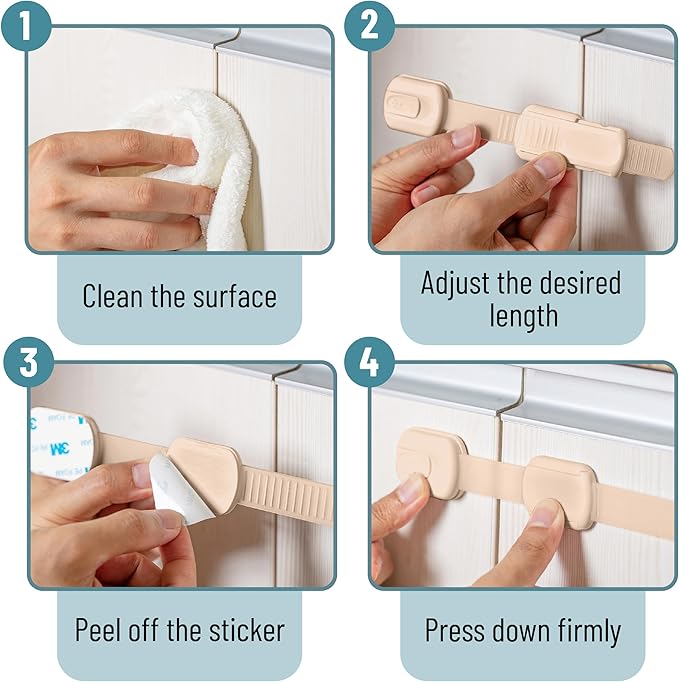 Bate- Child Safety Strap Locks, 12 Pack, Baby Locks for Cabinets, Drawers, Kitchen, Toilet, Furniture, Fridge, Multi-Purpose, Easy Install with Quick 3M Adhesive for Childproofing