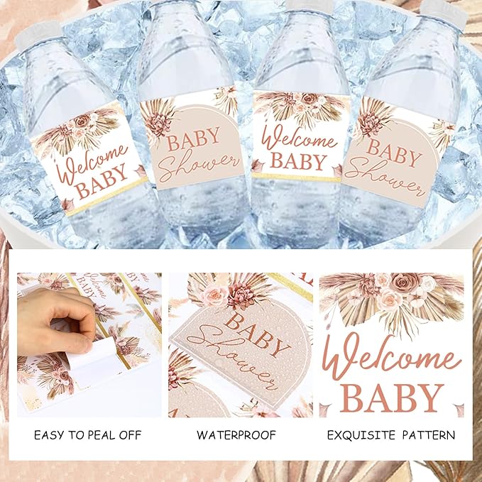 24PCS Pampas Grass Baby Shower Water Bottle Labels, Boho Baby Shower Waterproof Self Adhesive Water Bottle Labels for Boho Pampas Decorations