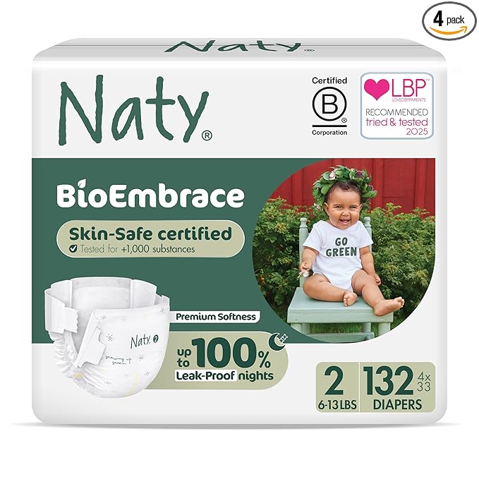 Naty BioEmbrace Baby Newborn Diapers | Sensitive Skin Safe Certified | Leak Protection up to 100% | Plant-Based Teddy Softness, Premium Comfort | Chlorine-Free | Size 2 (6–13 lbs), 132 Count