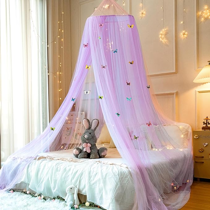 Princess Pink Purple Bed Canopy with Butterflies for Girls Bed Net,Princess Canopy for Kids Bed Room Decor (Pink Purple+Butterflies)