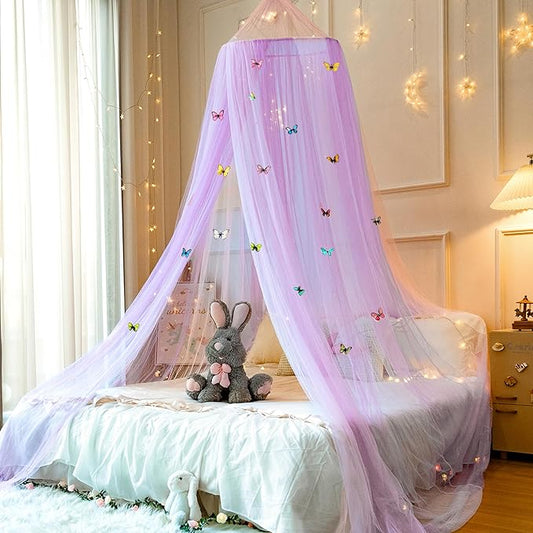Princess Pink Purple Bed Canopy with Butterflies for Girls Bed Net,Princess Canopy for Kids Bed Room Decor (Pink Purple+Butterflies)