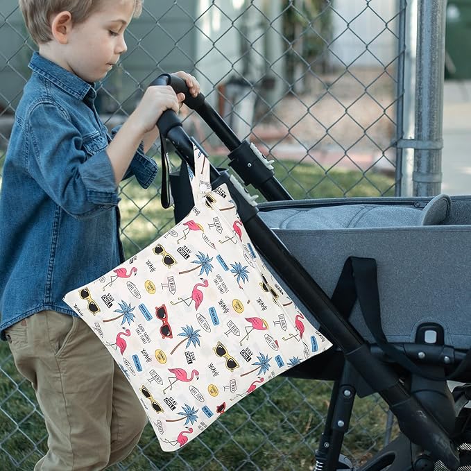 2pcs Cloth Diaper Wet Dry Bags, Waterproof Reusable Wet Bag with 2 Zipper Pockets & Handle, Washable Laundry Bags for Baby Adult Clothes Travel Beach Pool Daycare Yoga Gym Exercise Swimsuits,