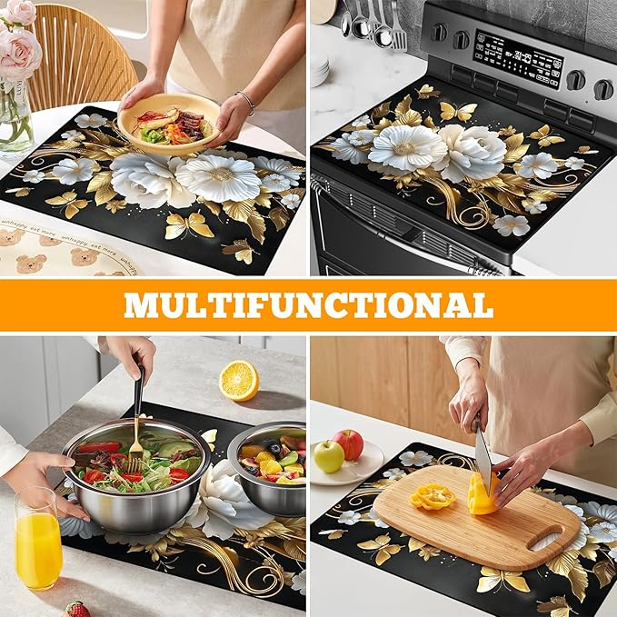 Multi-Design Stove Top Cover for Glass/Electric Stoves - 3-in-1 Heat-Resistant Protector Mat, Non-Slip Drying Rack 30" L x 21" W (Butterfly-Flower)