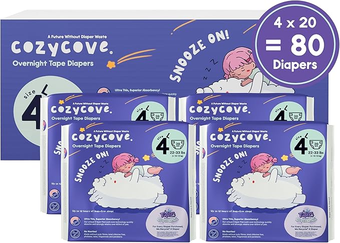 Cozycove Size 4 L (22-33 lbs) Diapers, 80 Count, Totally Chlorine Free, Skin-Friendly Material | Snooze On Slim Overnight Tape Disposable Diapers | 4 Bags of 20