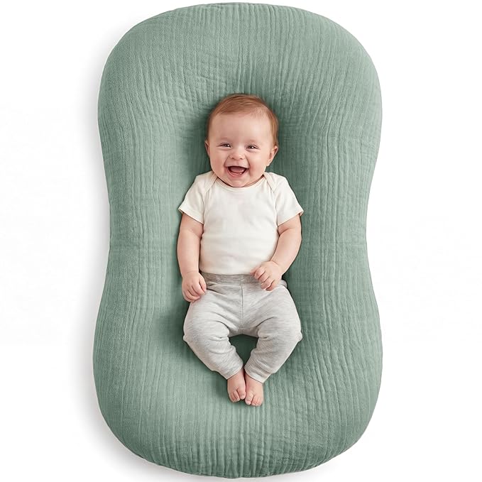 Muslin Baby Lounger Cover 1 Pack, Cotton Soft Breathable Infant Nest Slipcover, Envelope Closure, Compatible with Snuggle Me Loungers, Machine Washable, Cover Only, for Boys Girls(Green)