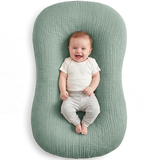 Muslin Baby Lounger Cover 1 Pack, Cotton Soft Breathable Infant Nest Slipcover, Envelope Closure, Compatible with Snuggle Me Loungers, Machine Washable, Cover Only, for Boys Girls(Green)