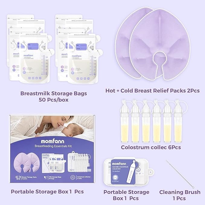 Breastfeeding Care Kit for Nursing Moms, 60-Piece Complete Gift Set with Milk Collector, 50 Storage Bags & Hot/Cold Packs - Relieves Engorgement & Improves Milk Flow,BPA-Free Essentials(Purple)