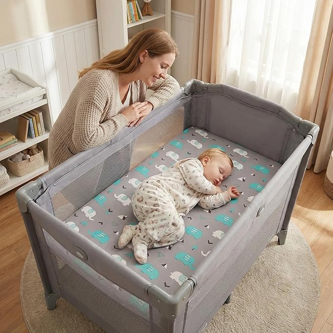 Pack n Play Sheets, BROLEX 2 Pack Mini Crib Sheets,Stretchy Portable Fitted Playard Sheet Set, Convertible Playard Mattress Cover,Ultra Soft Breathable Material,Elephant Whale