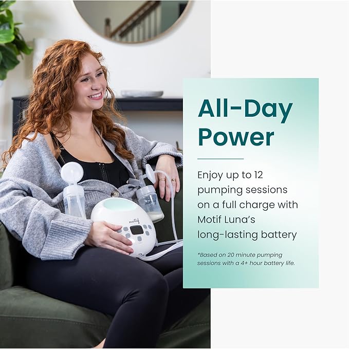 Motif Medical Luna Double Electric Pump for Breastfeeding - Portable Pump Breastfeeding w/Battery - Hospital Grade Pump w/LED Light - Hands-Free Breast Pump, Quiet Motor Baby Breast Pump