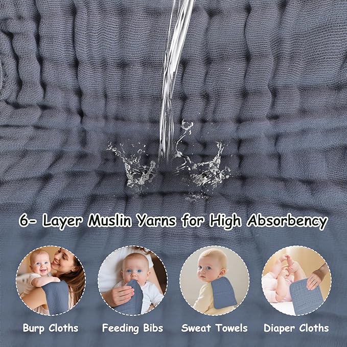 Muslin Solid Burp Cloths 100% Cotton Large 18''x10'' Extra Soft and Absorbent Multifunctional 6 Pack Baby Burping Cloth for Unisex Boys Girls (Fog Blue)
