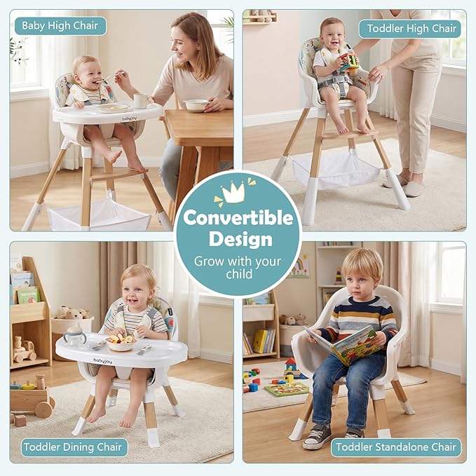 BABY JOY High Chair, 4-in-1 Convertible Highchair for Babies and Toddlers with Adjustable Legs, Double Removable Tray, Storage Basket, 5-Point Safety Harness & Waterproof PU Cushion, Easy to Clean