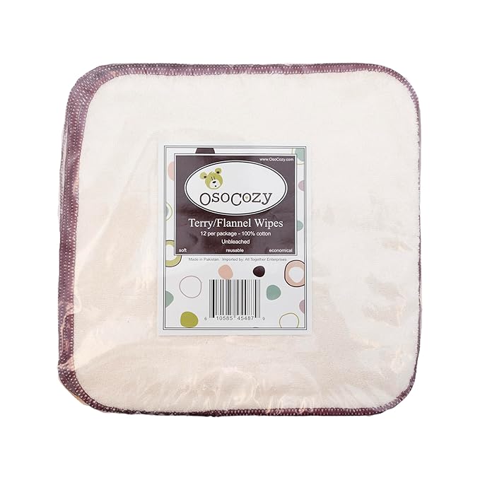 OsoCozy Terry Flannel Baby Wipes. Two Layered. Terry Velour on a Flannel Backing. Unbleached Ivory Color, 100% Cotton. 3 Attractive Stitching Colors Per Pack - 12 per Pack.