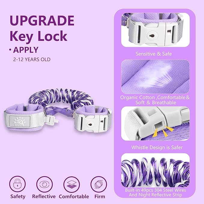 Toddler Harness Walking Leash- Child Anti Lost Wrist Link - Child Safety Harness - Upgrade with Reflective(6.5ft) - for Boys and Girls,Not Easy to Open Without Key (Purple)