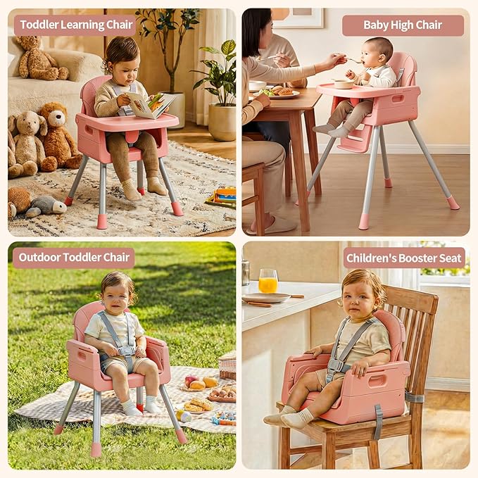 Portable High Chairs for Babies and Toddlers, Convertible Baby Feeding Chair with Tray, Easy Clean High Chair for Toddler with Foot Rest, Infant Highchairs & Booster Seats with Cushion Pink