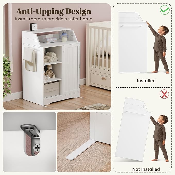 Gyfimoie Baby Changing Table with Foldable Tabletop, White Storage Cabinet with Shelf & Door Rack, Modern Diaper Changing Station with Storage, Perfect for Bedroom & Nursery (Pad Not Included)