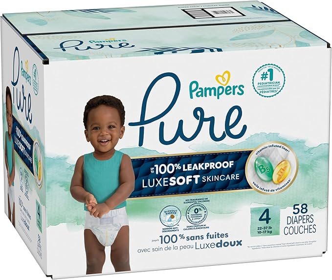 Pampers Pure Baby Diapers, Size 4 (22-37 lbs), 58, Up to 100% Leakproof, Premium Hypoallergenic Soft Diapers