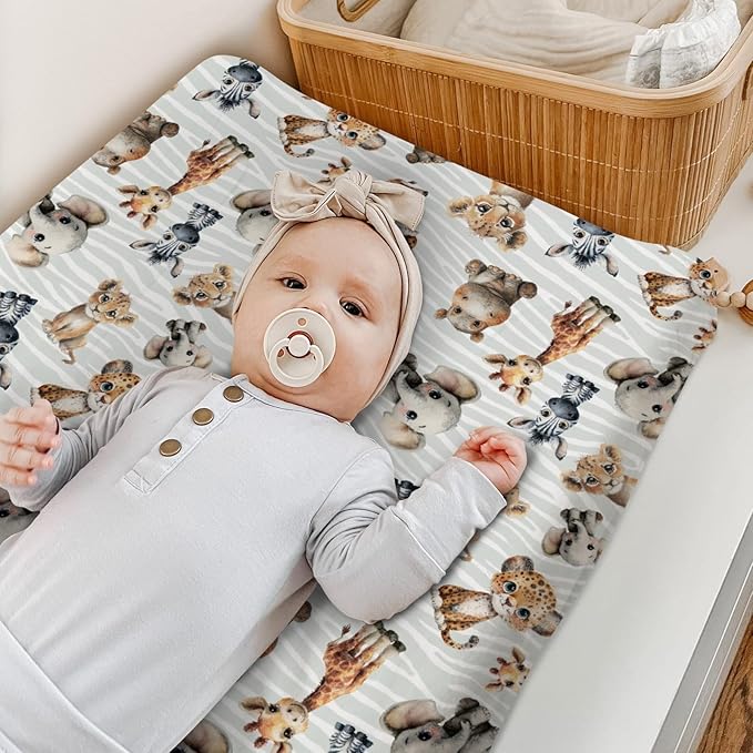 HawSkgFub African Safari Jungle Animals Changing Pad Cover Baby Girls Boys, Giraffe Elephant Leopard Lion Zebra Diaper Change Table Sheet, Soft Stretchy Safe Snug Fitted Changing Mat Fit 32"/34" x 16"