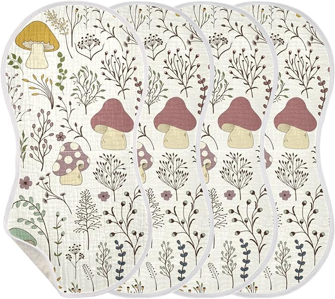 Moudou Mushroom Muslin Baby Burp Cloths 4 Pack, Super Absorbent Soft Cotton Burping Rags Feeding Bibs for Newborn Boys Girls