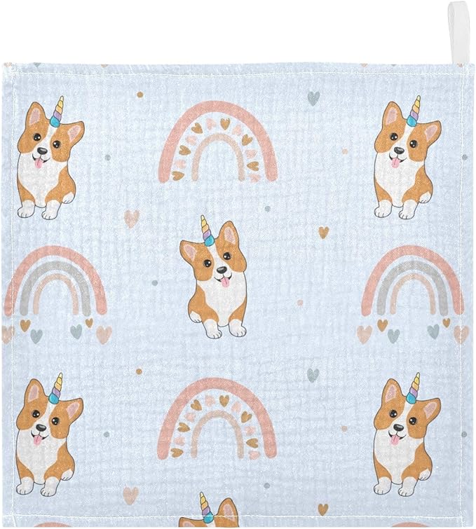 vvfelixl Baby Muslin Washcloths Corgi Hearts Rainbows Baby Burp Cloths Cotton Baby Face Towel for Newborn Infants Boys Girls Soft and Absorbent 11.8 X 11.8 in, 3 Pack