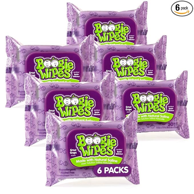 Baby Saline Wipes by Boogie for Face, Body & Nose, for Baby and Kids Made with Natural Saline, Grape Scent, 180 Count (Pack of 6)