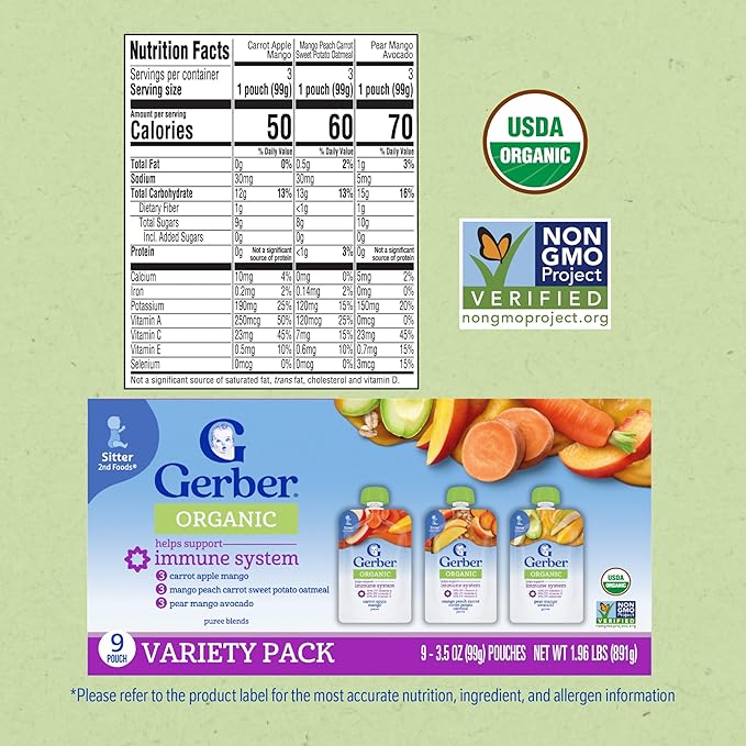 Gerber Stage 2 Baby Food, Organic, Baby Food Pouches, Puree Pouches, Non-GMO, No Artificial Flavors or Colors, 9-Pack