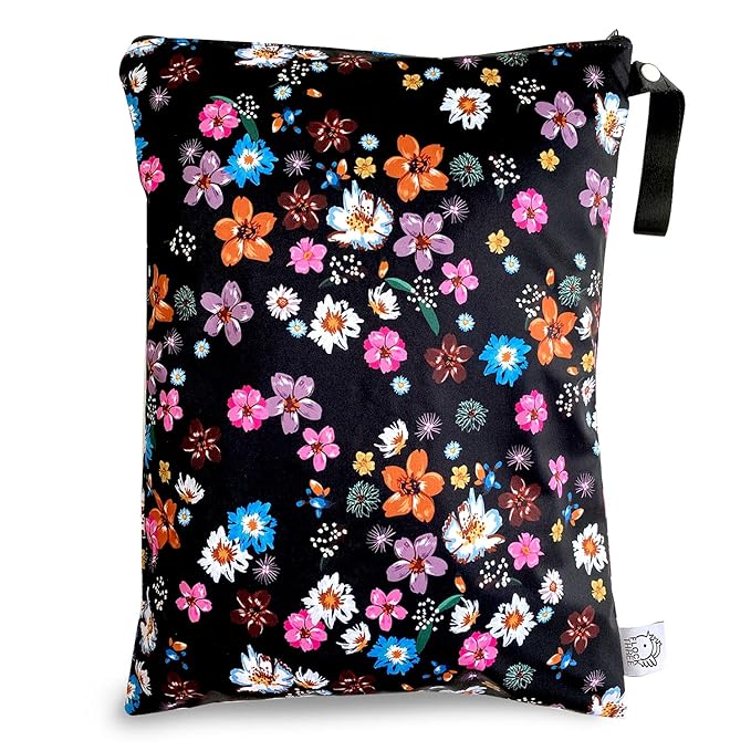 FLOCK THREE Washable and Reusable Wet Bag Diaper Bag Water Resistant Swimming Bag Pouch, Yoga Gym Bag Floral Print, 12.6'' x 16.5''