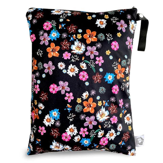 FLOCK THREE Washable and Reusable Wet Bag Diaper Bag Water Resistant Swimming Bag Pouch, Yoga Gym Bag Floral Print, 12.6'' x 16.5''