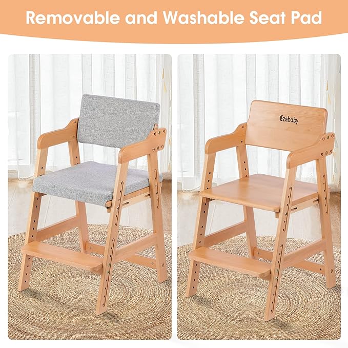Ezebaby Wooden High Chair for Toddlers to Teens Adjustable Kids Learning Chair with Steps, Child Seats with Removable Cushion (Natural Color)