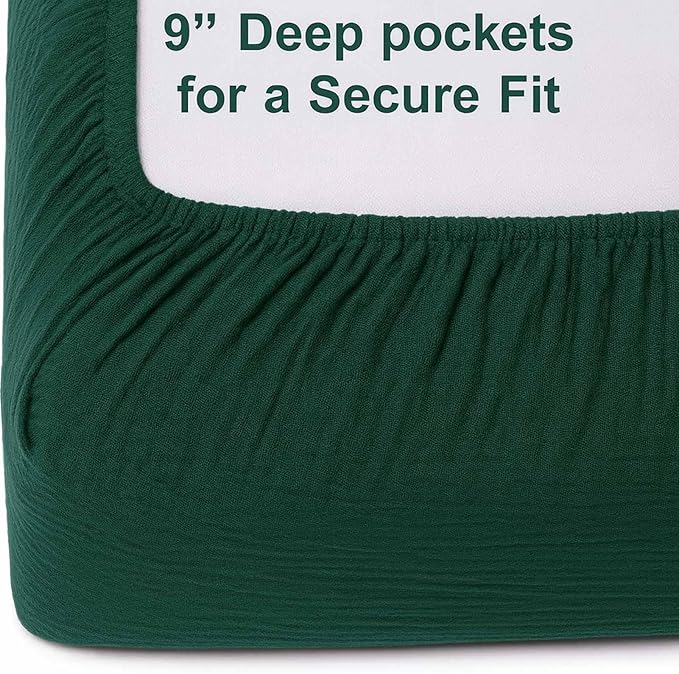 2 Pack Muslin Crib Sheets for Boys & Girl- Neutral Breathable Cotton Crib Mattress Sheets Fitted for Standard 28"x 52"- Nursery Décor Ivory & Emerald Green