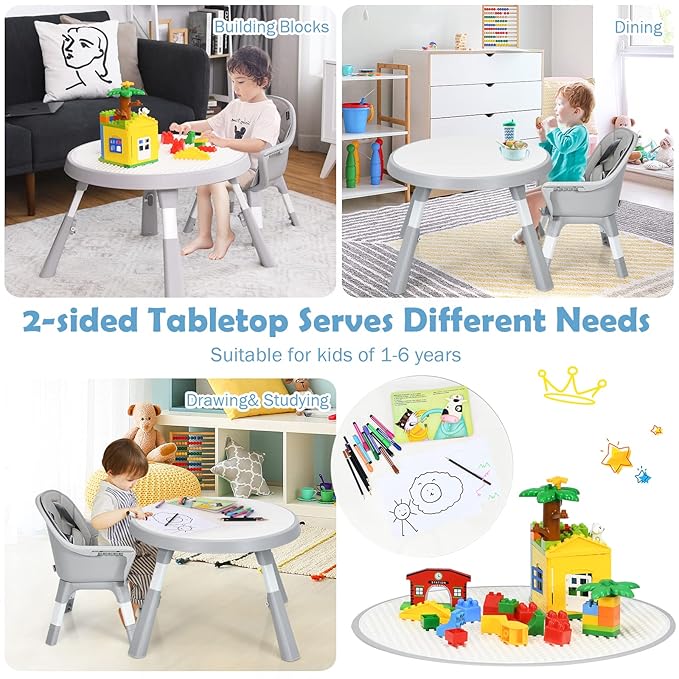 BABY JOY 7 in 1 Baby High Chair, Convertible High Chairs for Babies and Toddlers, Building Block Table, Toddler Chair with Adjustable Legs, Removable Tray, Storage Basket, Safety Harness (Gray)