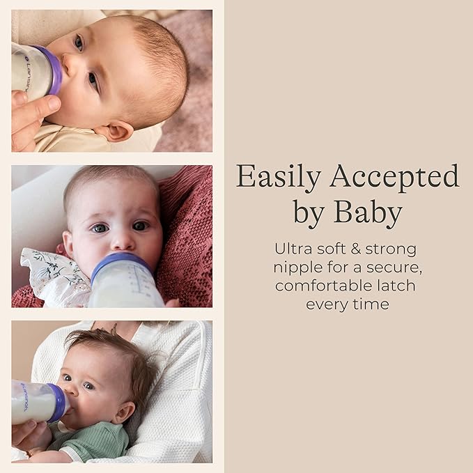 Lansinoh Anti-Colic Baby Bottles, BPA-Free Plastic, 11 Ounces, 4 Count, Fast Flow Nipples (Size F), Breastfeeding Bottle with NaturalWave Design