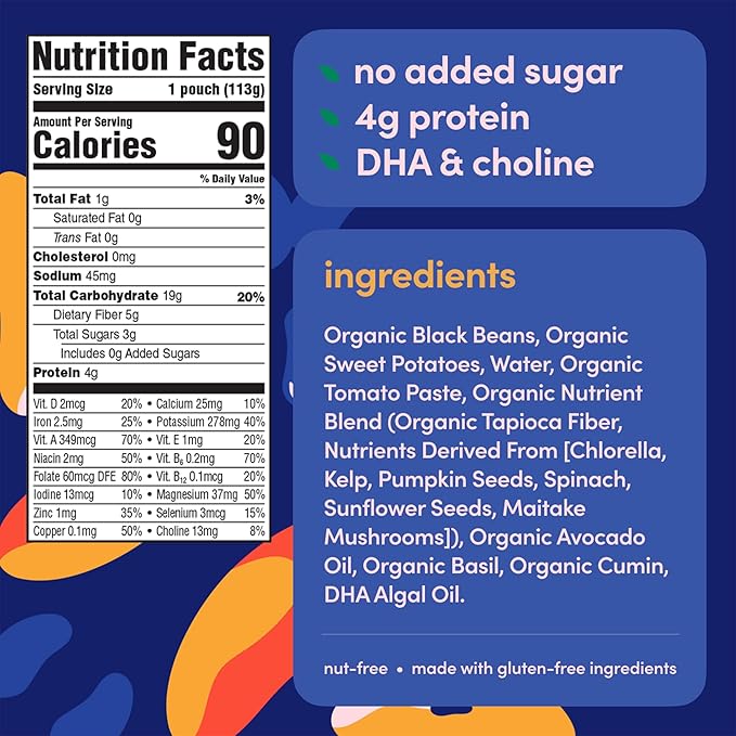 Cerebelly Organic Baby Food Pouches, Black Bean Sweet Potato Purees, 16 Nutrients, No Added Sugar & Non-GMO Toddler Snacks, 4 oz, 12 Pack