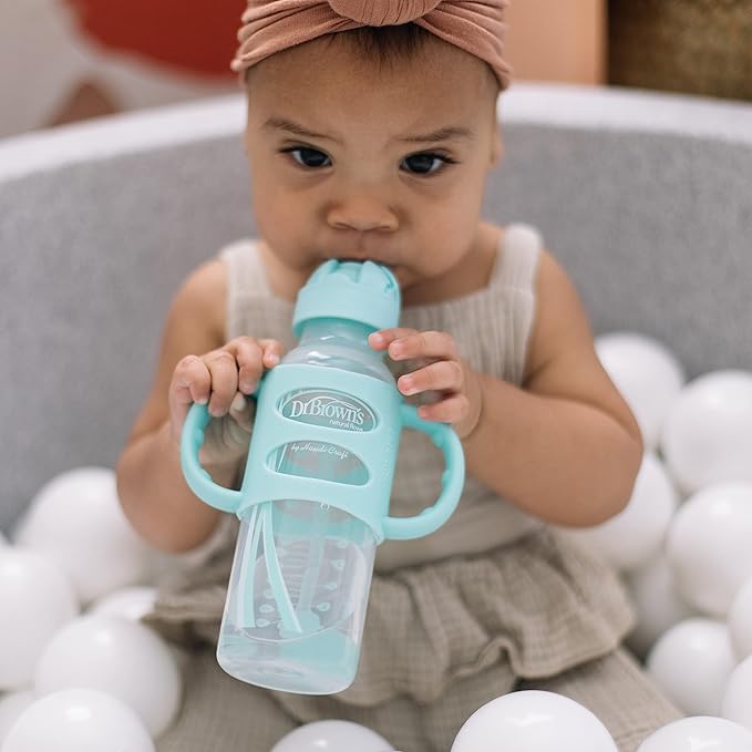 Dr. Brown's Milestones 8 oz Gray & Blue and Gray & Green Sippy Straw Bottles with Weighted Straw, Spill-Proof Lid, Silicone Handles