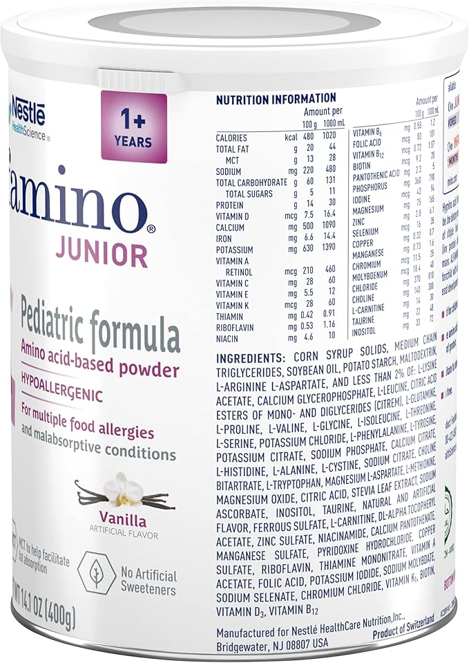 Alfamino Junior Pediatric Formula, Hypoallergenic Amino Acid Based Formula, For Children with Multiple Food Allergies, 1- 13 Years, Vanilla, 14.1 Ounce (Pack of 1)