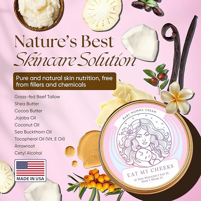 Eat My Face Baby & Mom Beef Tallow Cream – Gentle Enough for Newborns, Powerful Enough for Mom | Grass Fed, Organic | Soothes Eczema, Diaper Rash & Stretch Marks, 4 oz