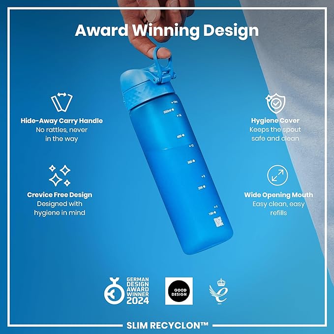 Ion8 Water Bottle, 500 ml/18 oz, Leak Proof, Easy to Open, Secure Lock, Dishwasher Safe, BPA Free, Hygienic Flip Cover, Carry Handle, Fits Cup Holders, Easy Clean, Odor Free, Carbon Neutral, Blue
