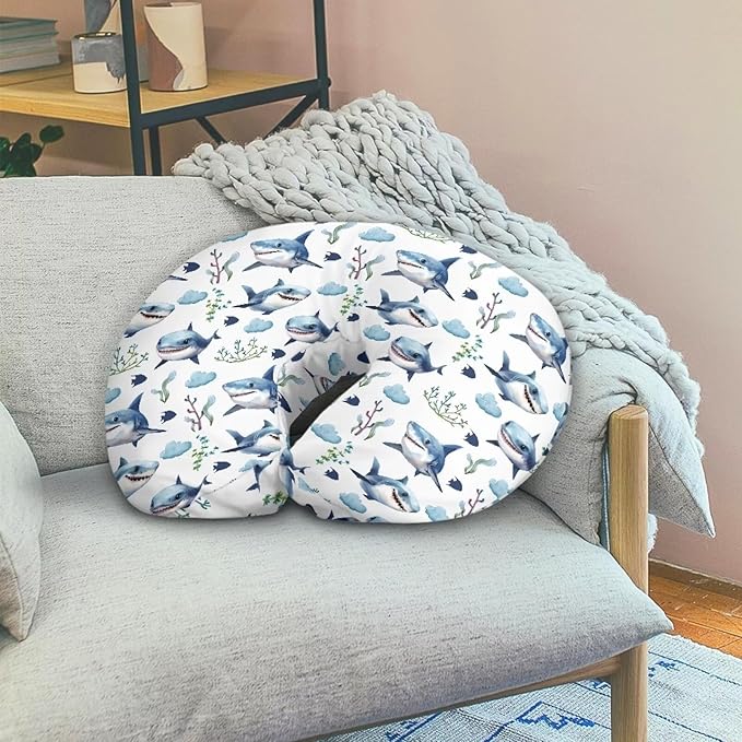 Cartoon Shark Nursing Pillow Cover Breastfeeding Pillow Covers for Breastfeeding Mom Hidden Zipper Design U-Shaped Pillow Covers Soft and Skin-Friendly