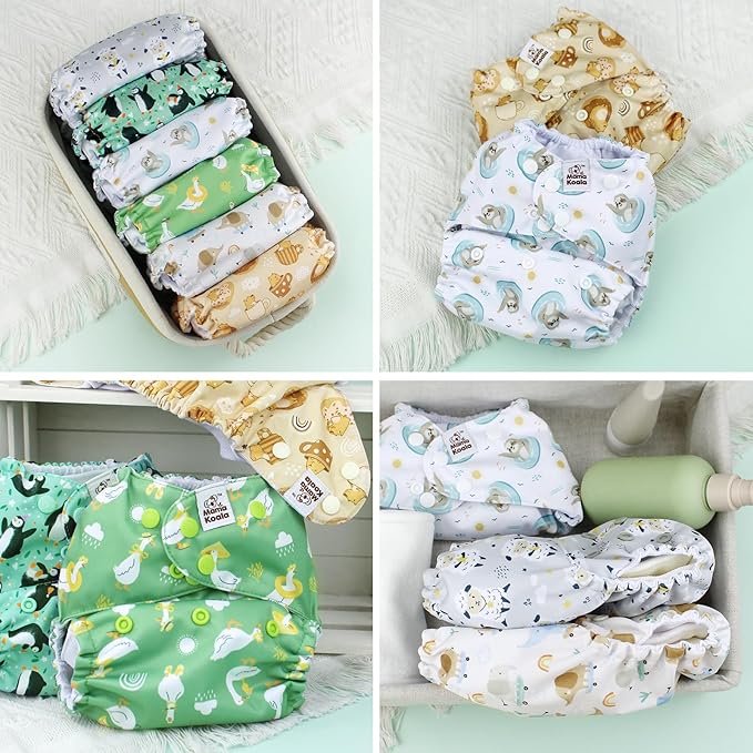 Mama Koala 3.0 Cloth Diapers for Babies, 6 Pack One Size Washable and Reusable Pocket Diapers for Newborns and Toddlers (Happy Animals)