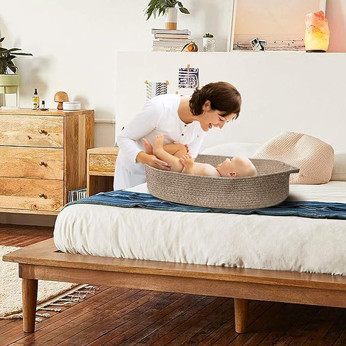Baby Changing Basket - Moses Basket Changing Table Topper and Thick Foam Pad with Removable Cotton Mattress Cover, 100% Cotton Boho Nursery Decor with Storage Bag