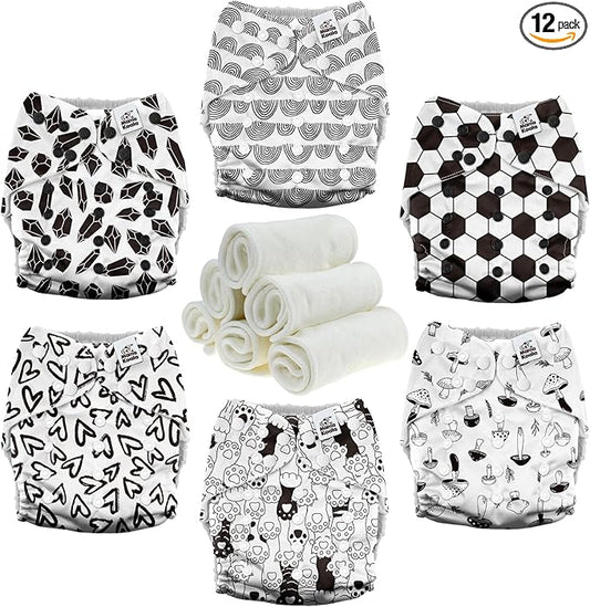 Mama Koala 3.0 Cloth Diapers for Babies with AWJ Lining, 6 Pack with 6 Natural Cloth Diaper Inserts - Reusable and Washable Pocket Diapers (Black & White World)