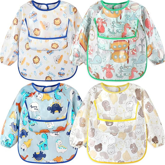 Accmor 4 Pack Long Sleeve Baby Bibs, Waterproof Sleeved Bibs for Eating Feeding, Toddler Baby Girls Boys Smock Bibs