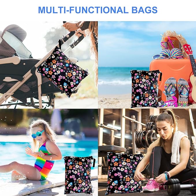 FLOCK THREE Washable and Reusable Wet Bag Diaper Bag Water Resistant Swimming Bag Pouch, Yoga Gym Bag Floral Print, 12.6'' x 16.5''