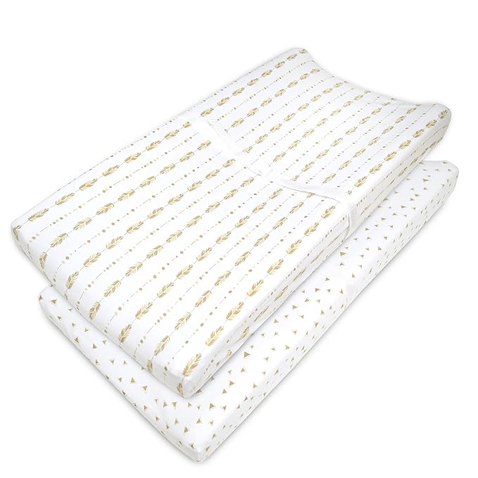 American Baby Company 2 Pack Printed 100% Cotton Knit Fitted Contoured Changing Table Pad Cover - Compatible with Mika Micky Bassinet, Taupe Feathers and Triangles, for Boys and Girls