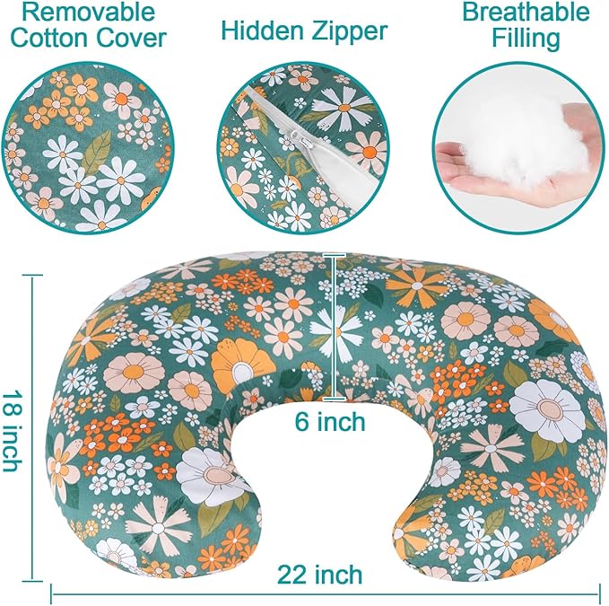 Ergonomic Nursing Pillow for Breastfeeding & Bottle Feeding, Breastfeeding Pillow to Reduce Back Neck Strain, Suitable for Breastfeeding Mom & Baby, Washable Cotton Cover(Flower Green)