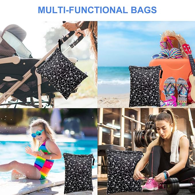 FLOCK THREE Washable and Reusable Wet Bag Diaper Bag Water Resistant Swimming Bag Travel Toiletries Pouch Yoga Dog Print Zippered 12.6'' x 16.5''