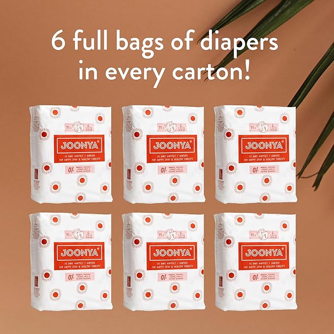 Joonya Baby Diapers, Size 4 L (15-31 lb) - 6 Bags of 25 (150) - Non Toxic, Eco-Friendly, High Absorbency, Overnight Use, Ultra Slim & Soft - Made in Denmark