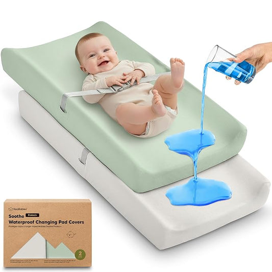 2-Pack Waterproof Changing Pad Covers Boy, Girl – 32x16 Soft Cotton Baby Changing Table Cover, Wipeable Diaper Change Pad Sheets, Contour Baby Diaper Change Mat Liner for Dresser, Nursery (Sage)