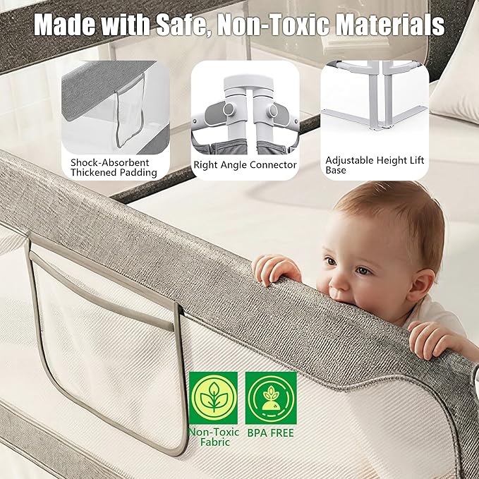 Full Size Baby Bed Rail Guard – Extra Tall Safety Bedside Rail with Headboard Rod for Toddlers, Adjustable No-Gap Design, 3 Panels (2×74.8″ + 1×55.1″), Gray