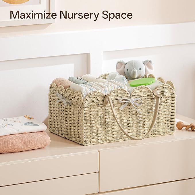 Angelhood Scalloped Paper Rope Diaper Caddy, Woven Floral Baby Diaper Organizer with Dividers for Changing Table, Nursery & Car Portable Baby Gift Basket