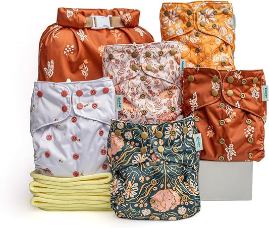 Kinder Cloth Diapers Reusable Baby Diapers Pocket Style Athletic Wicking Jersey, Bamboo Viscose Inserts, Wet Bag, Newborn to Potty Training 7-60lbs, One Size (Boho Florals, 5 Pack, with Inserts)